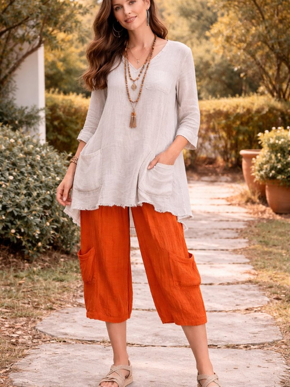 Bryn‎ Walker Orange Cotton Crinkle Gauze Casbah Wide Leg Cropped Pants Small